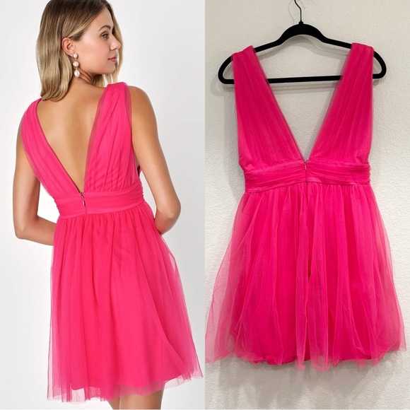 NWOT Lulus Heavenly Hues Hot Pink Tulle Sleeveless Mini Dress - Picture 5 of 9